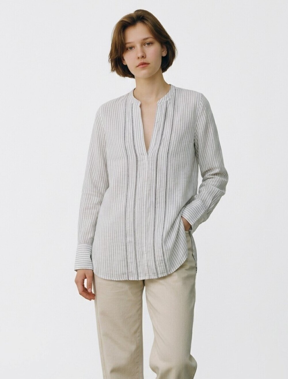 J. Crew White & Light Gray Striped V-Neck Popover Blouse